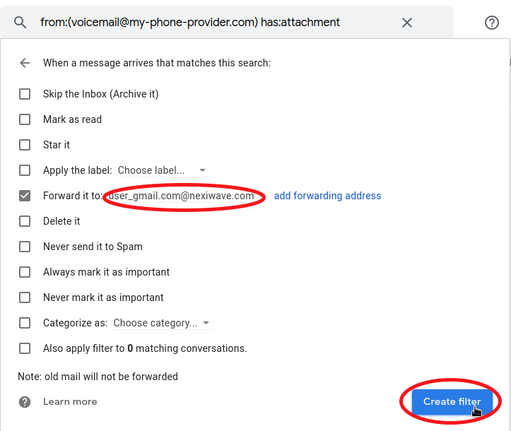 Confirm create gmail filter